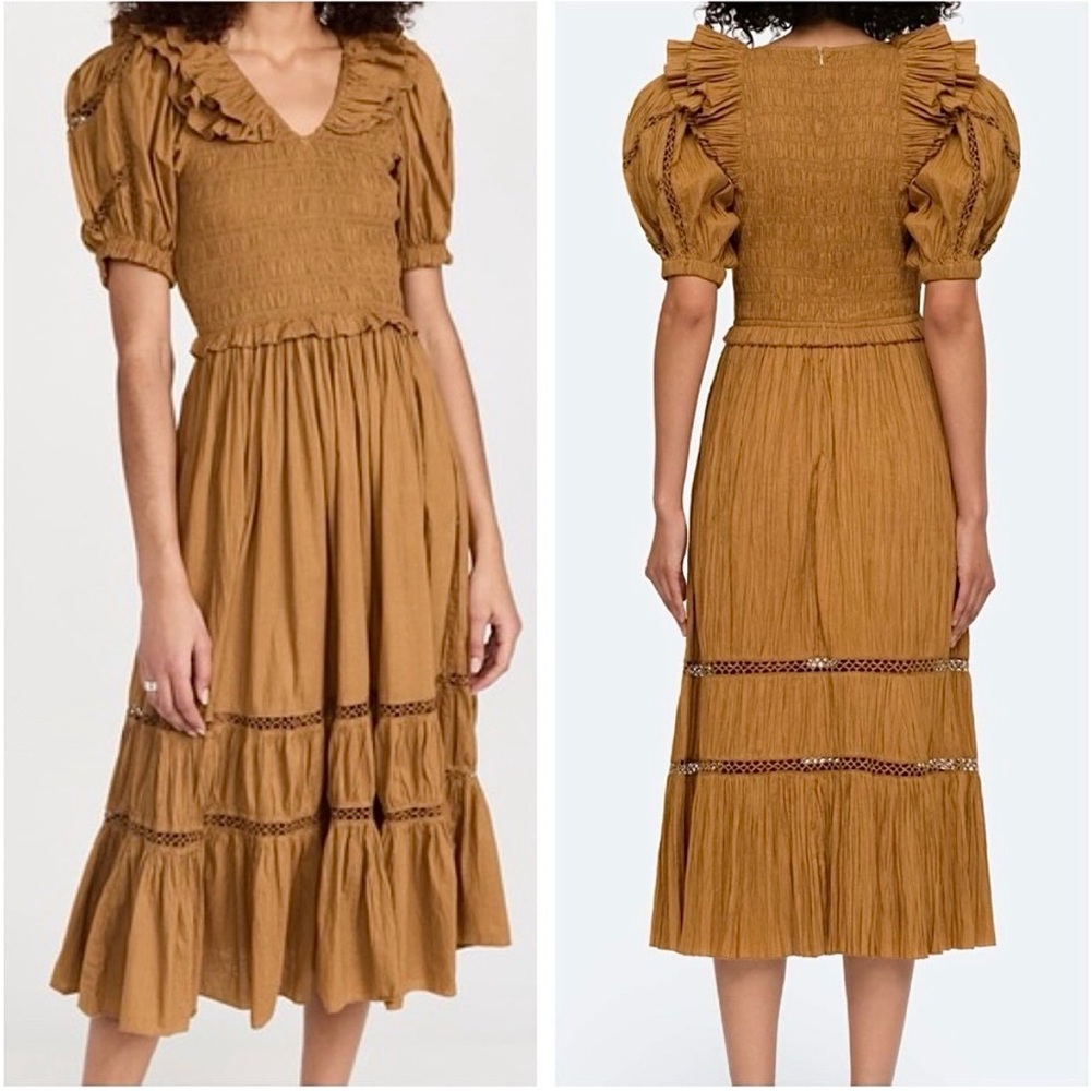 Sea New York Paco Smocked Puff Sleeve Tiered Midi Dress Mustard Olive Small New